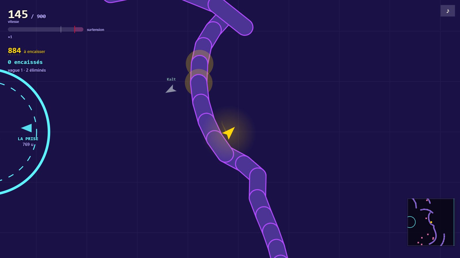 Le circuit : le vaisseau doré longe une grande muraille violette, l’anneau de la prise à gauche