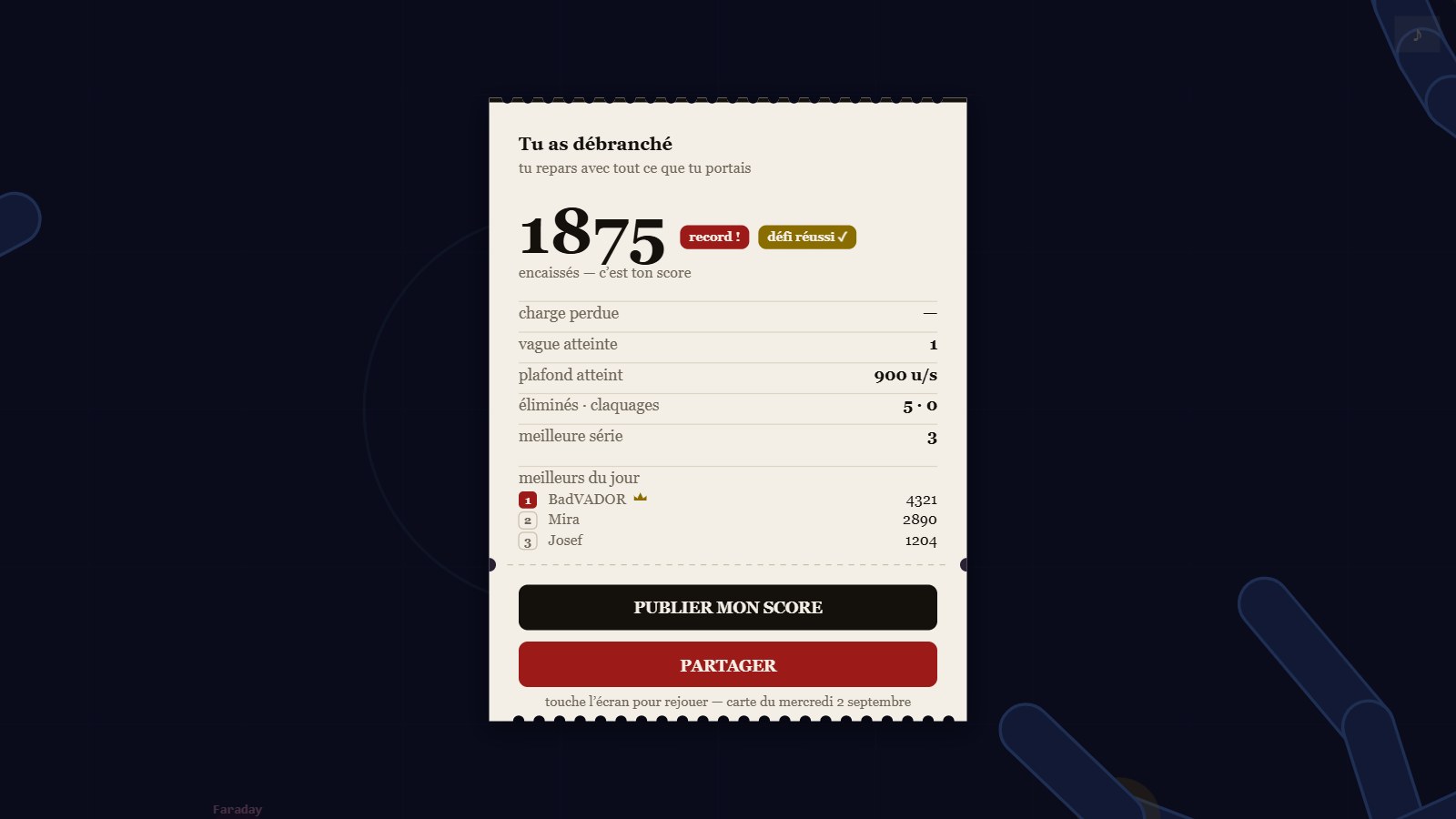 Le ticket de fin de course : 1875 encaissés, les badges record et défi réussi, et le classement du jour avec le champion couronné